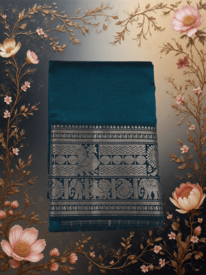 Regal Peacock Green: Premium Art Silk Saree with Silver Kanchi Border | Festive Edition