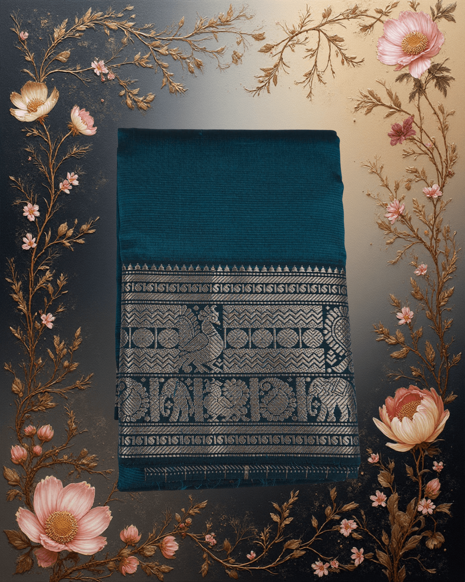 Regal Peacock Green: Premium Art Silk Saree with Silver Kanchi Border | Festive Edition
