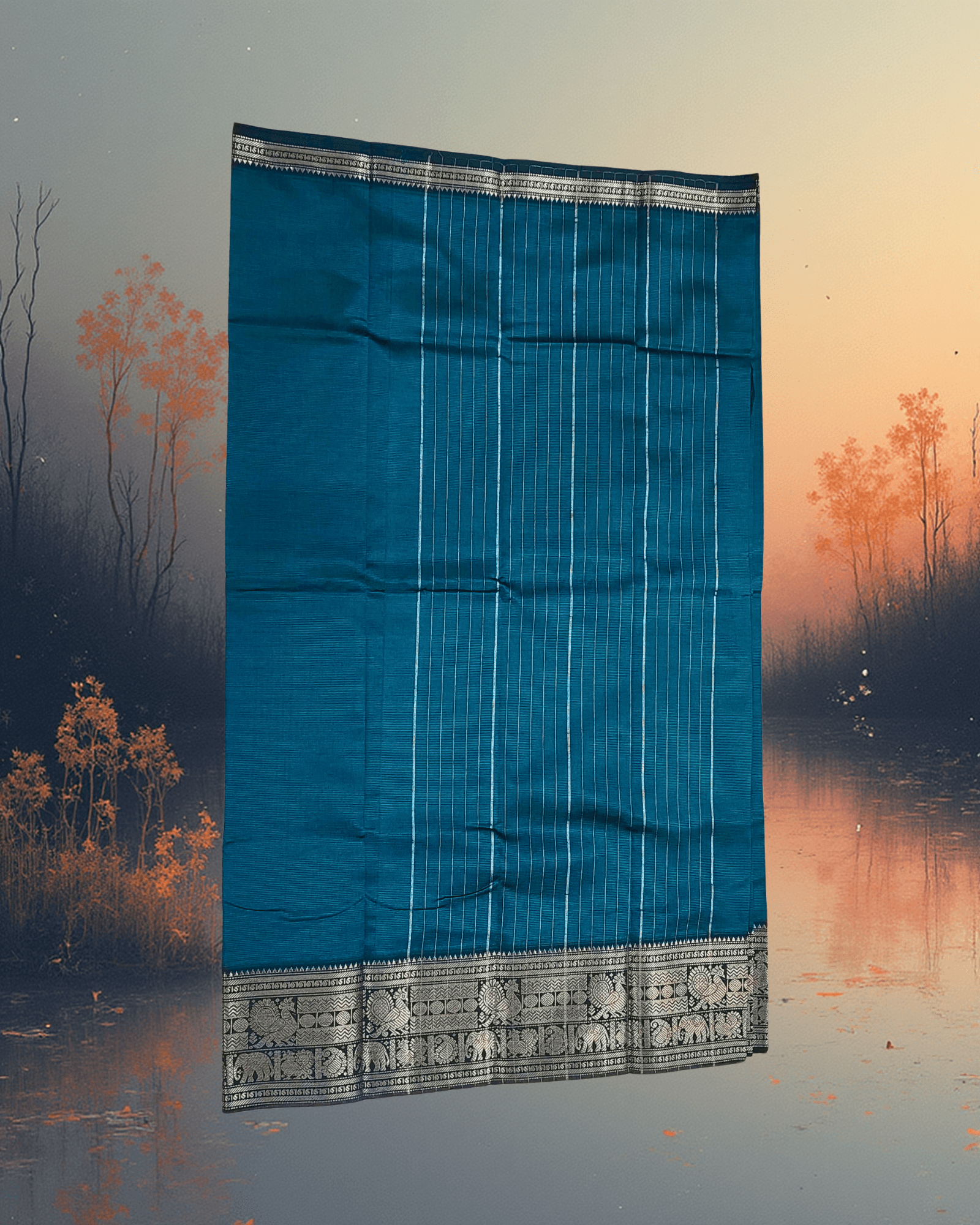 Regal Peacock Green: Premium Art Silk Saree with Silver Kanchi Border | Festive Edition - Image 3