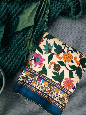 Fancy Multicolour Digital Print Saree ? Cream Base | Floral & Bird Motif Design