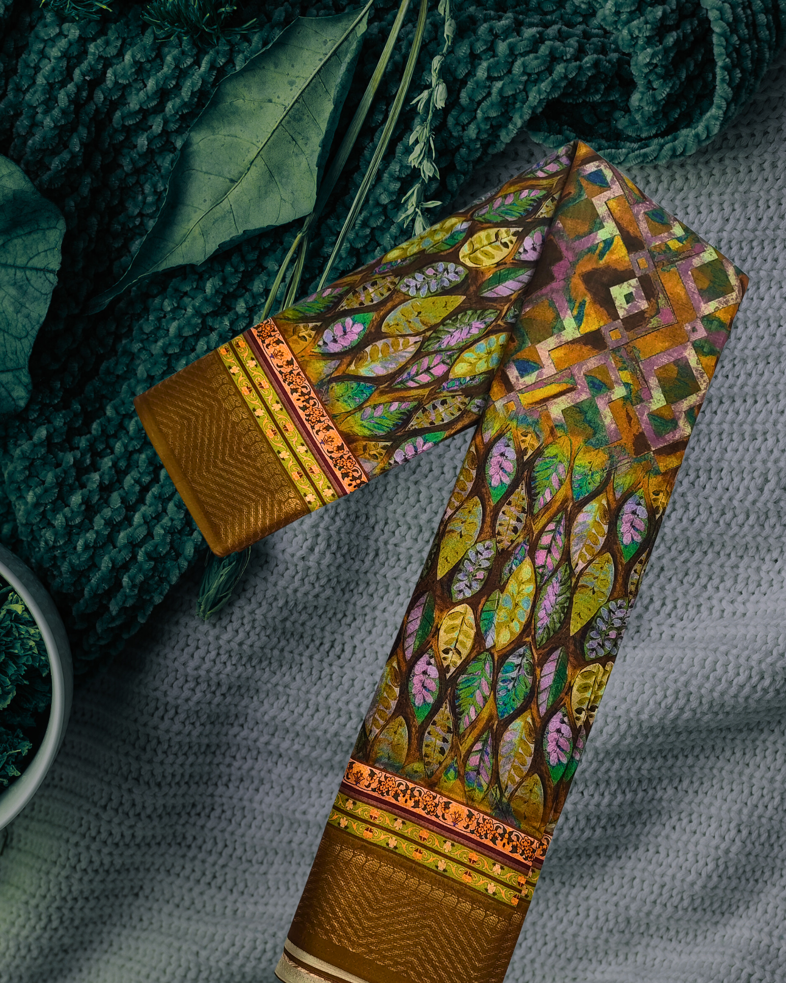 Digital Print Saree with Golden Jari Border ? Peach Multicolour Design - Image 4