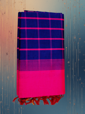 Midnight Contrast: Navy Blue & Hot Pink Half Pattu Check Saree | Modern Traditional
