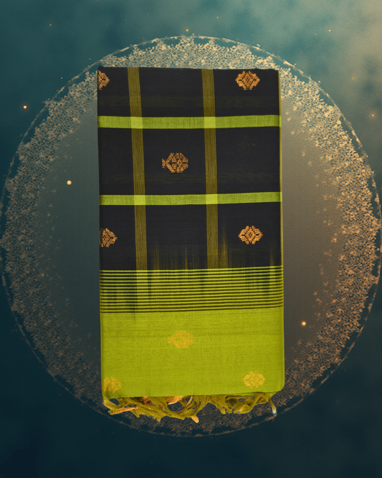 Elegant Half Pattu Black & Parrot Green Gadi Buttah Saree