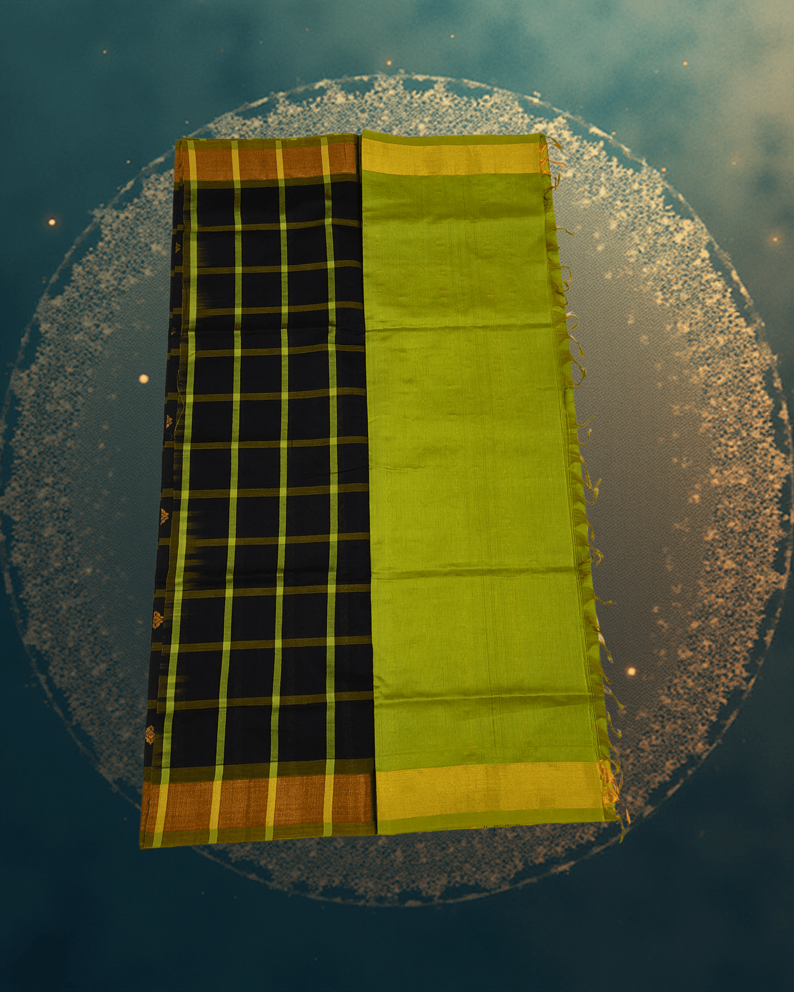 Elegant Half Pattu Black & Parrot Green Gadi Buttah Saree - Image 4