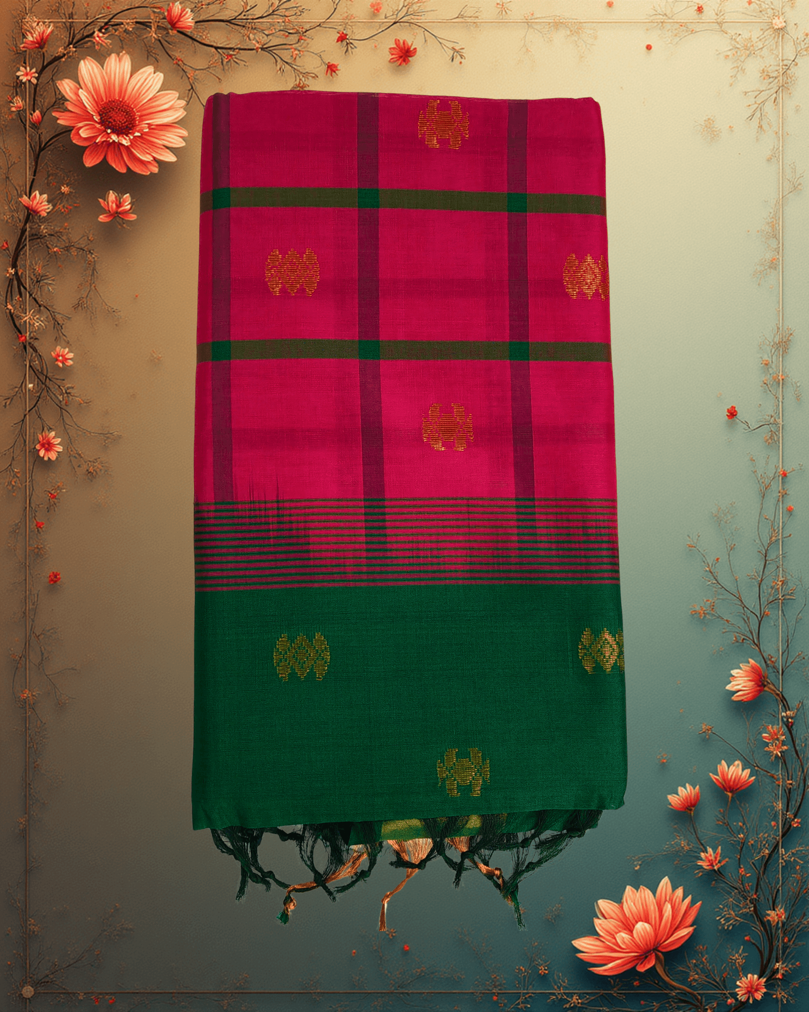 Regal Burgundy & Forest Green: Half Pattu Saree with Gadi Buttah | Wedding Collection