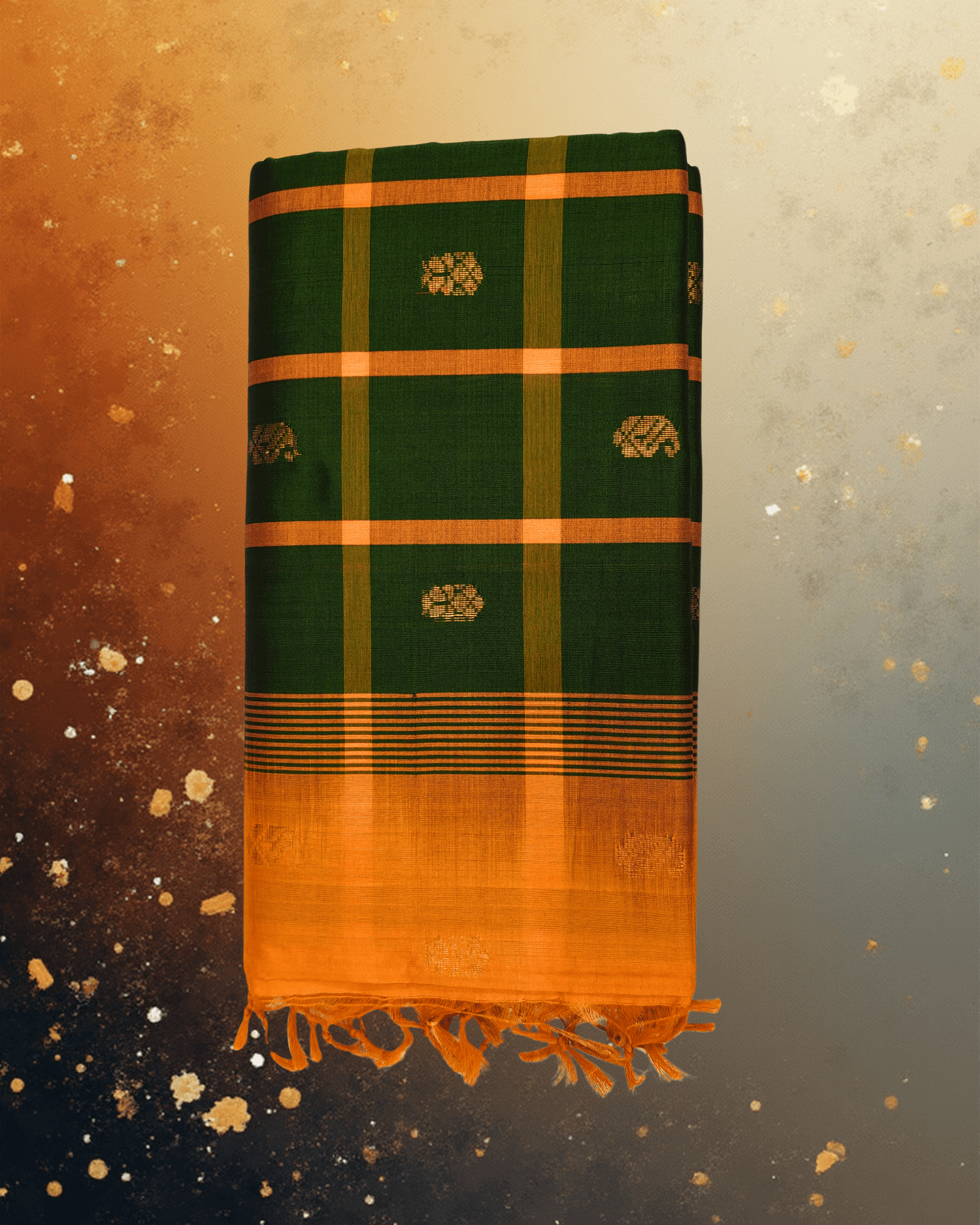 Elegant Half Pattu Green & Orange Gadi Buttah Saree