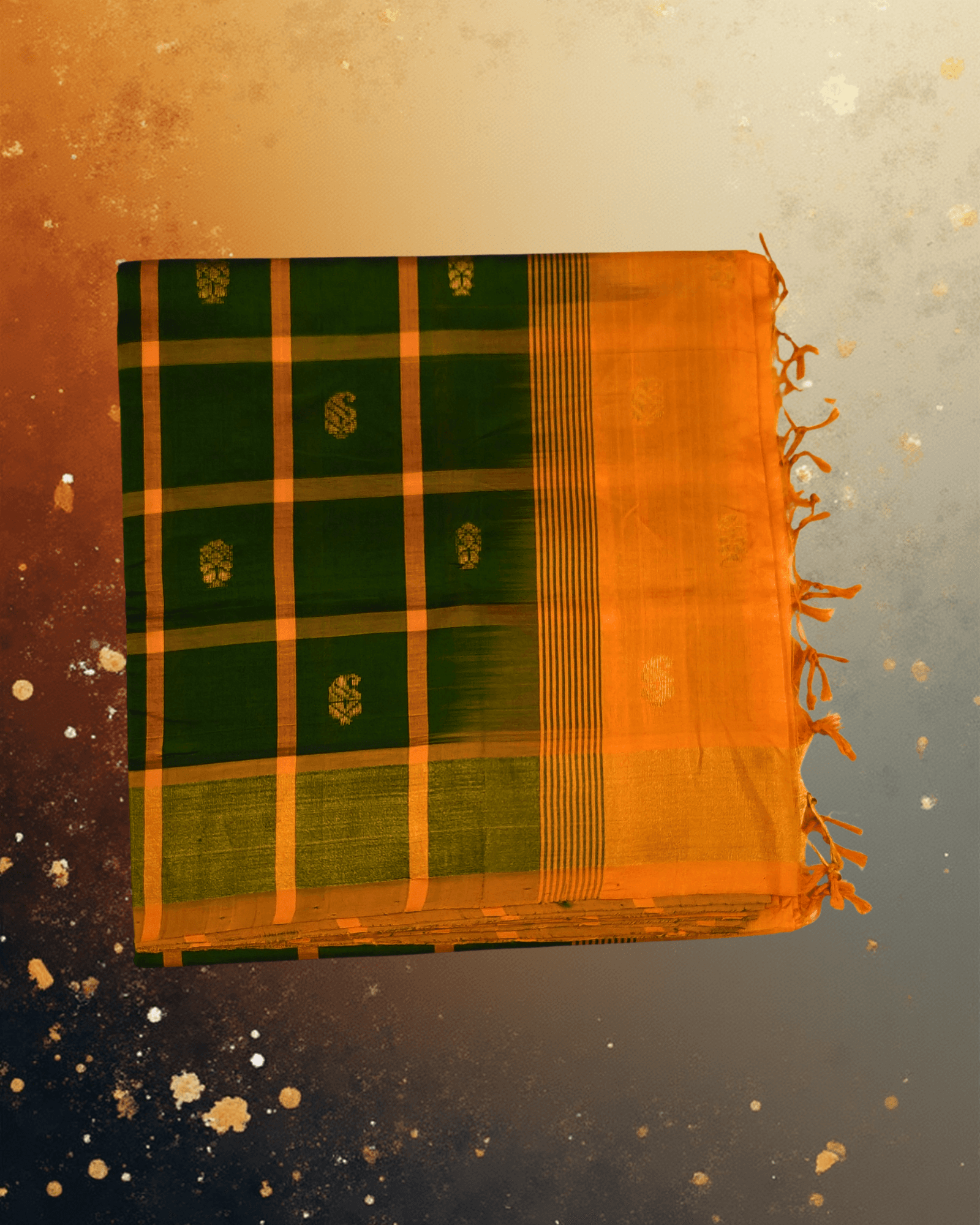Elegant Half Pattu Green & Orange Gadi Buttah Saree - Image 4