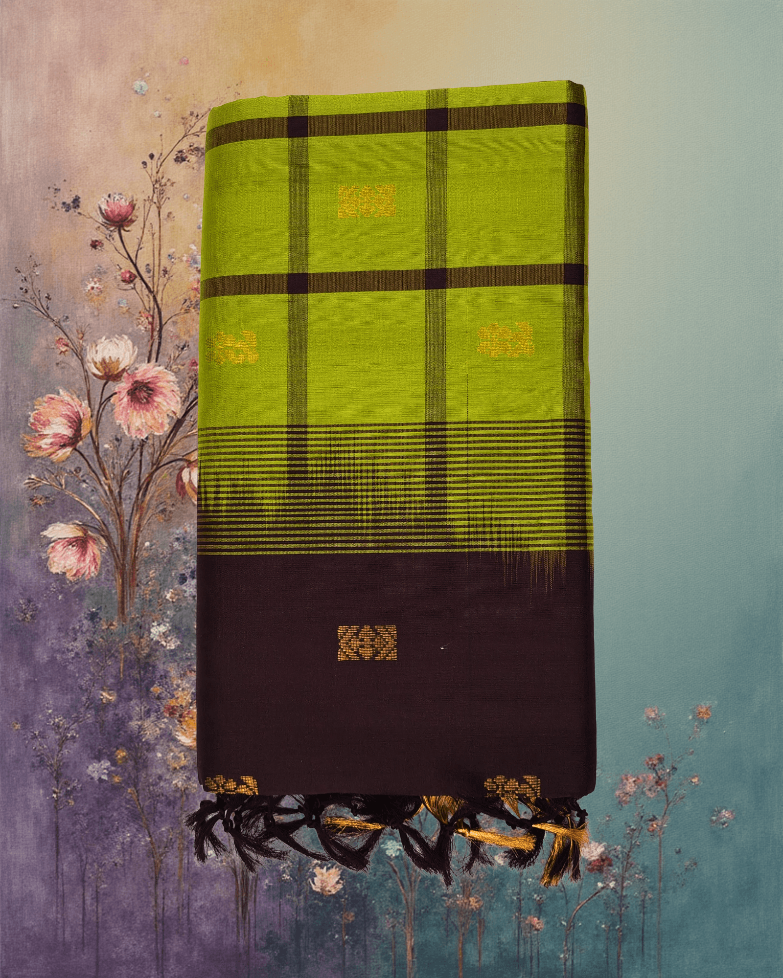 Earthy Half Pattu Parrot Green & Brown Gadi Buttah Saree