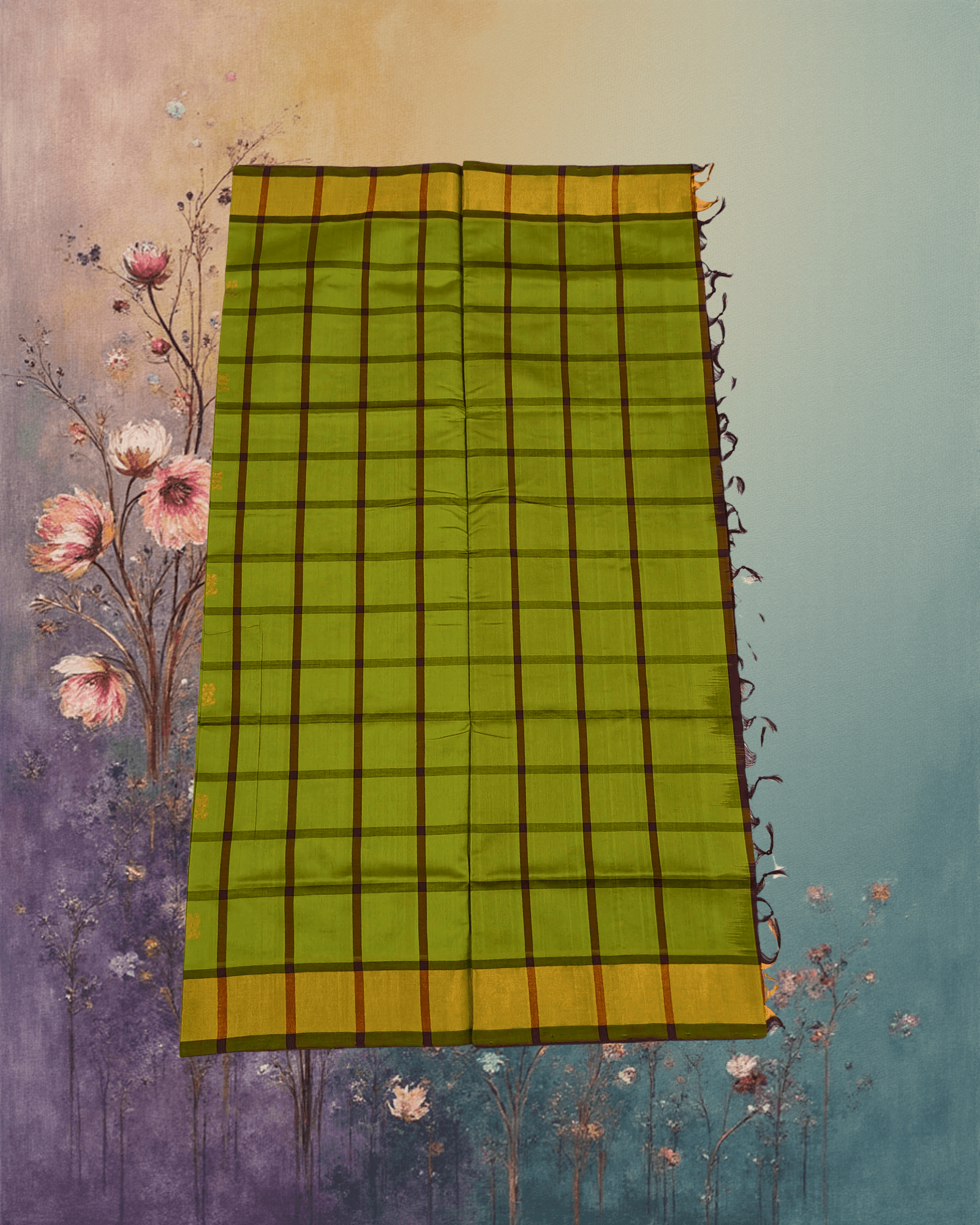 Earthy Half Pattu Parrot Green & Brown Gadi Buttah Saree - Image 3