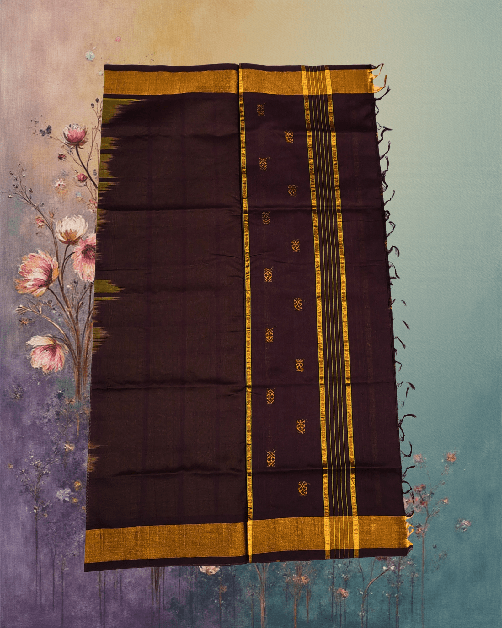 Earthy Half Pattu Parrot Green & Brown Gadi Buttah Saree - Image 5
