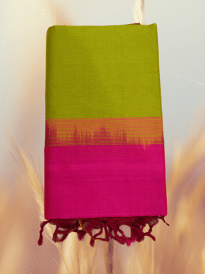 Tropical Vivid: Parrot Green & Hot Pink Color-Block Half Pattu Saree | Festive Edit