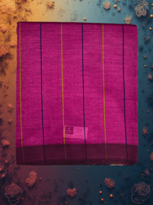 Art Silk Saree: Deep Magenta with Navy & Gold Vertical Stripes