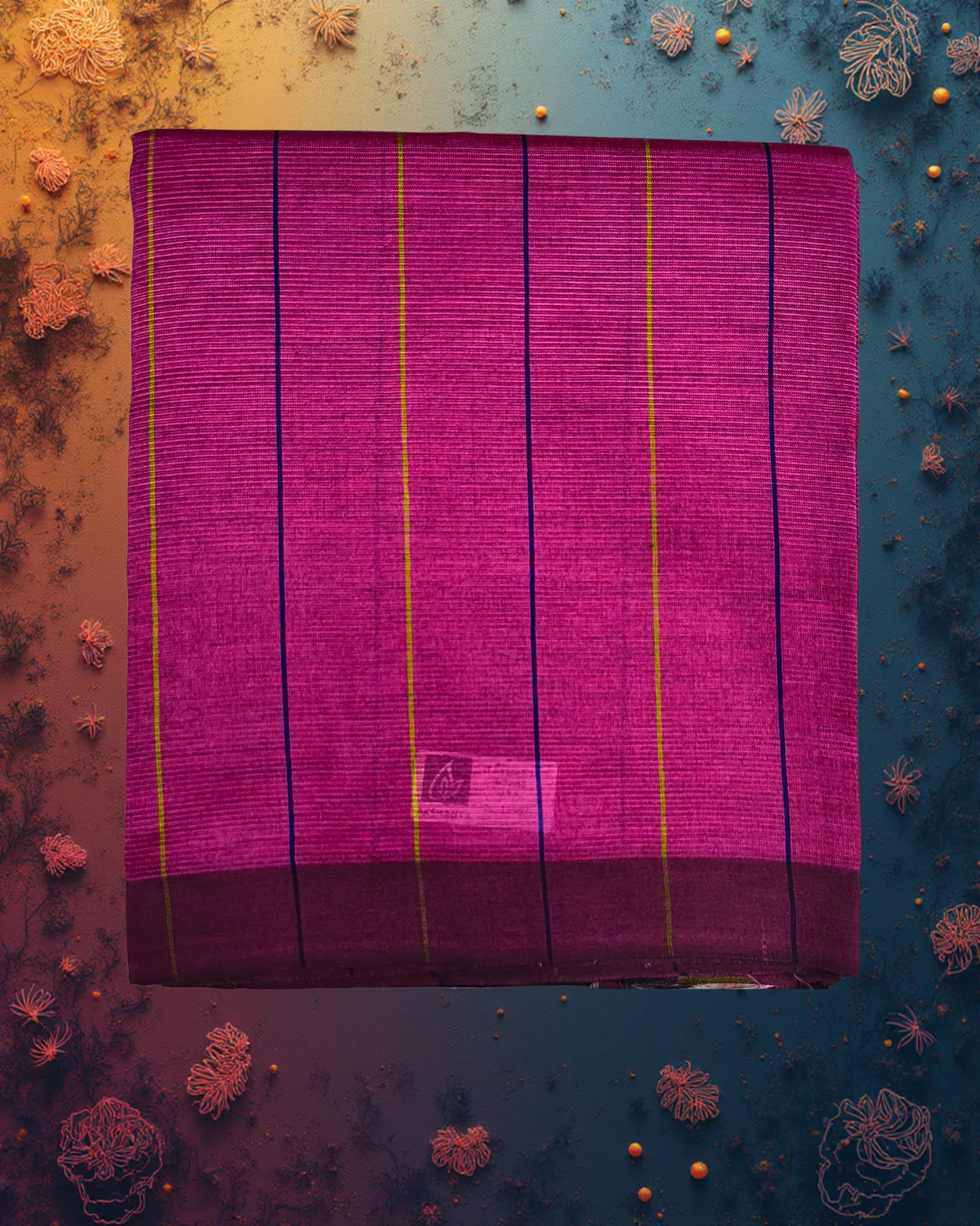 Art Silk Saree: Deep Magenta with Navy & Gold Vertical Stripes
