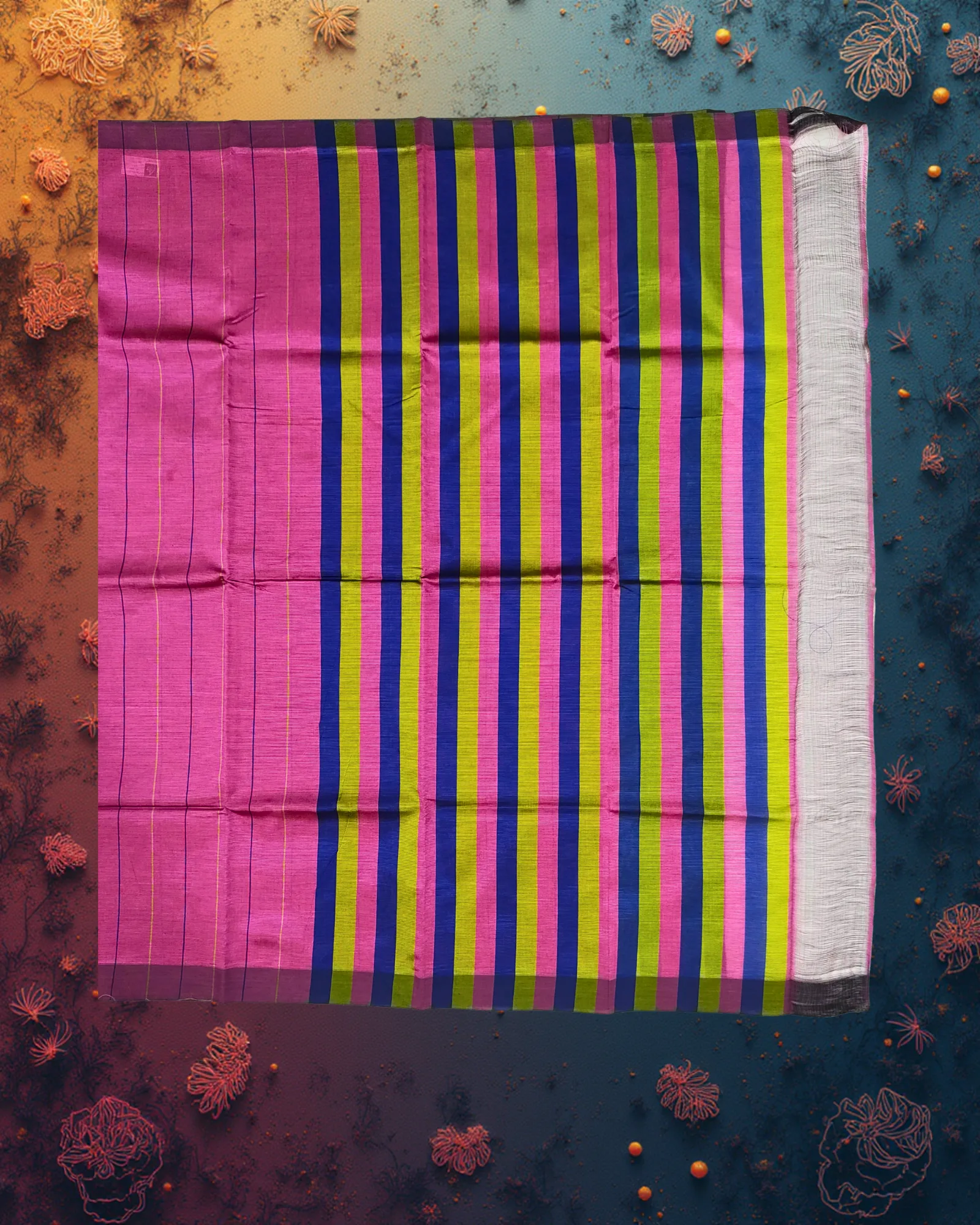 Art Silk Saree: Deep Magenta with Navy & Gold Vertical Stripes - Image 5