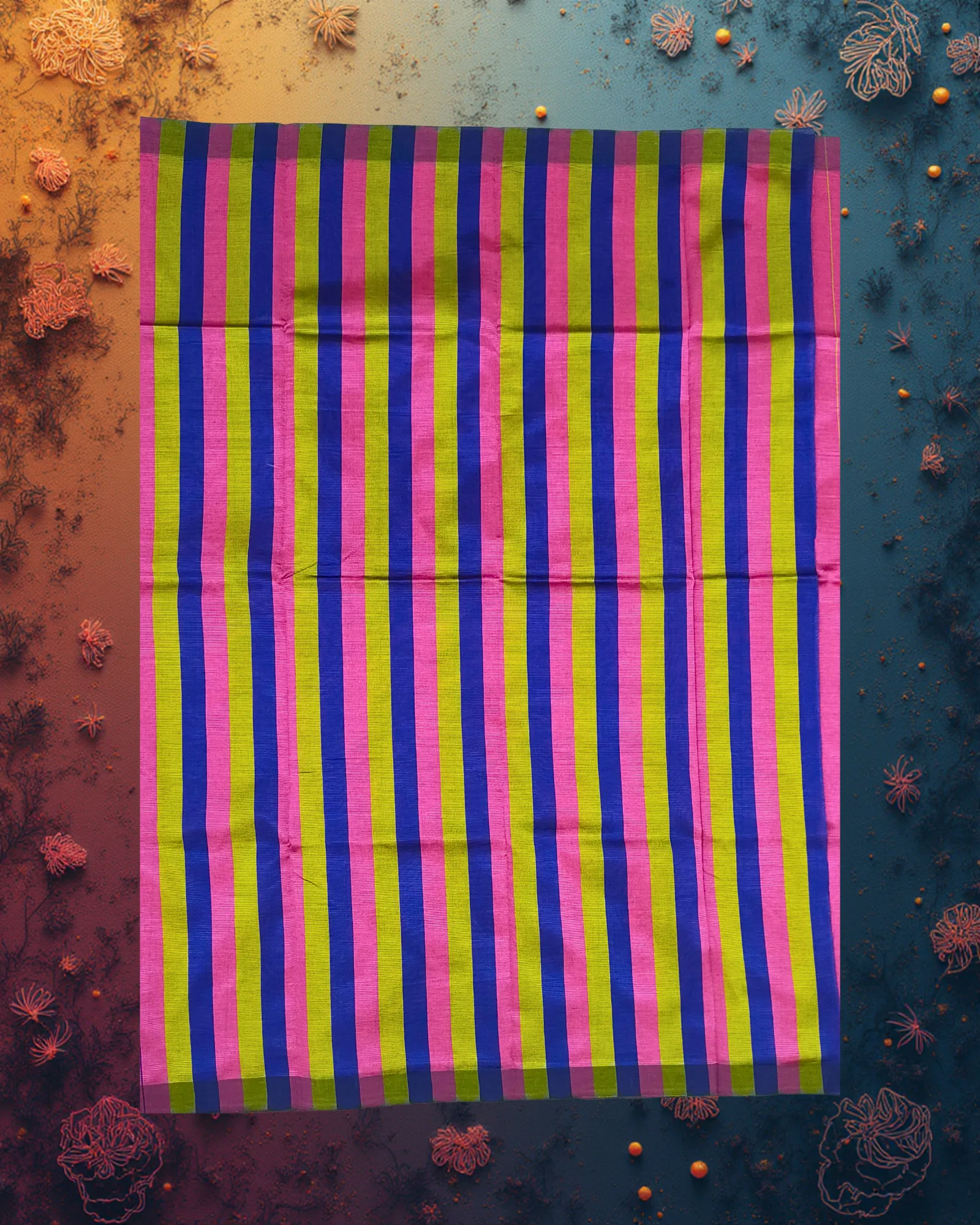 Art Silk Saree: Deep Magenta with Navy & Gold Vertical Stripes - Image 4