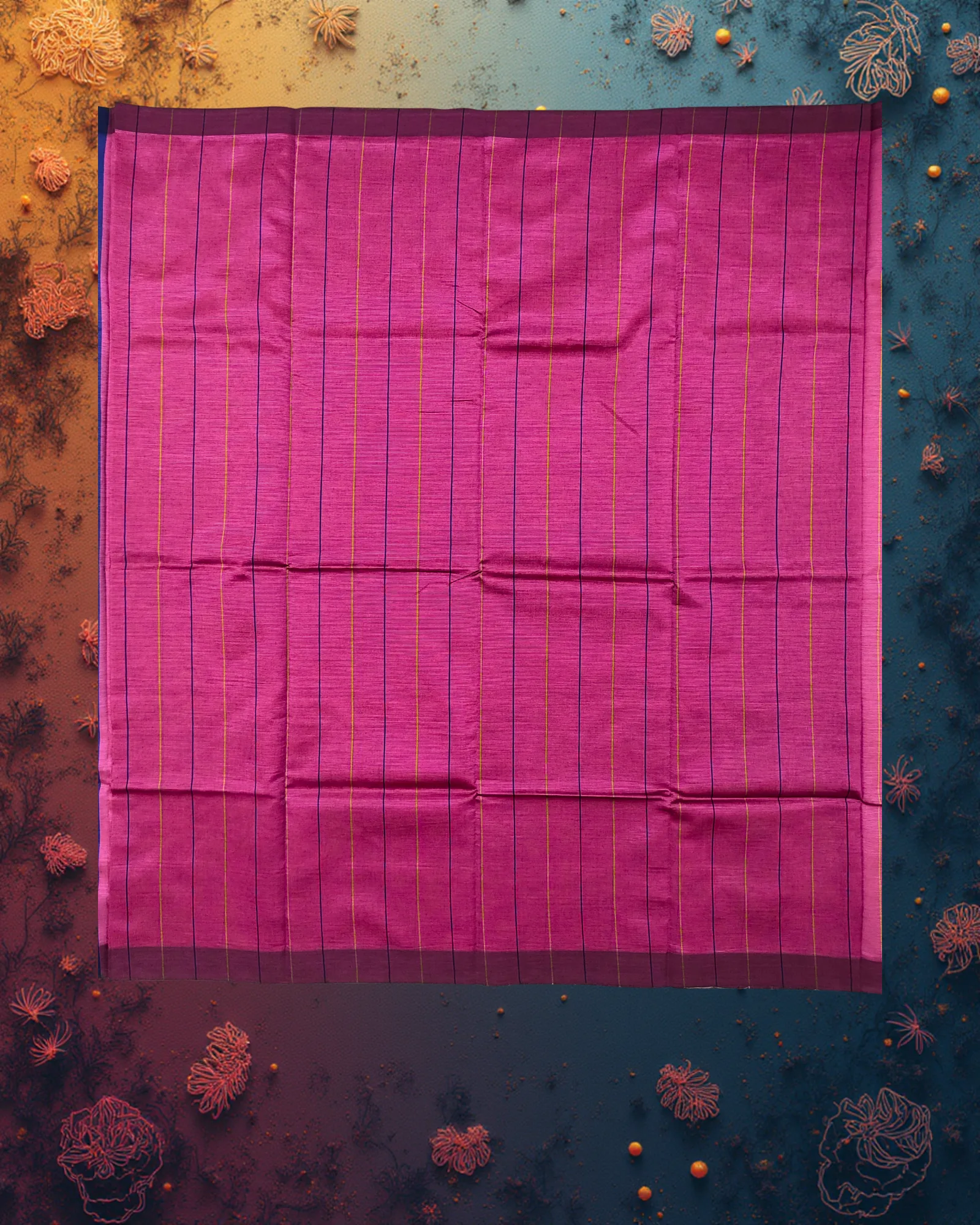 Art Silk Saree: Deep Magenta with Navy & Gold Vertical Stripes - Image 3