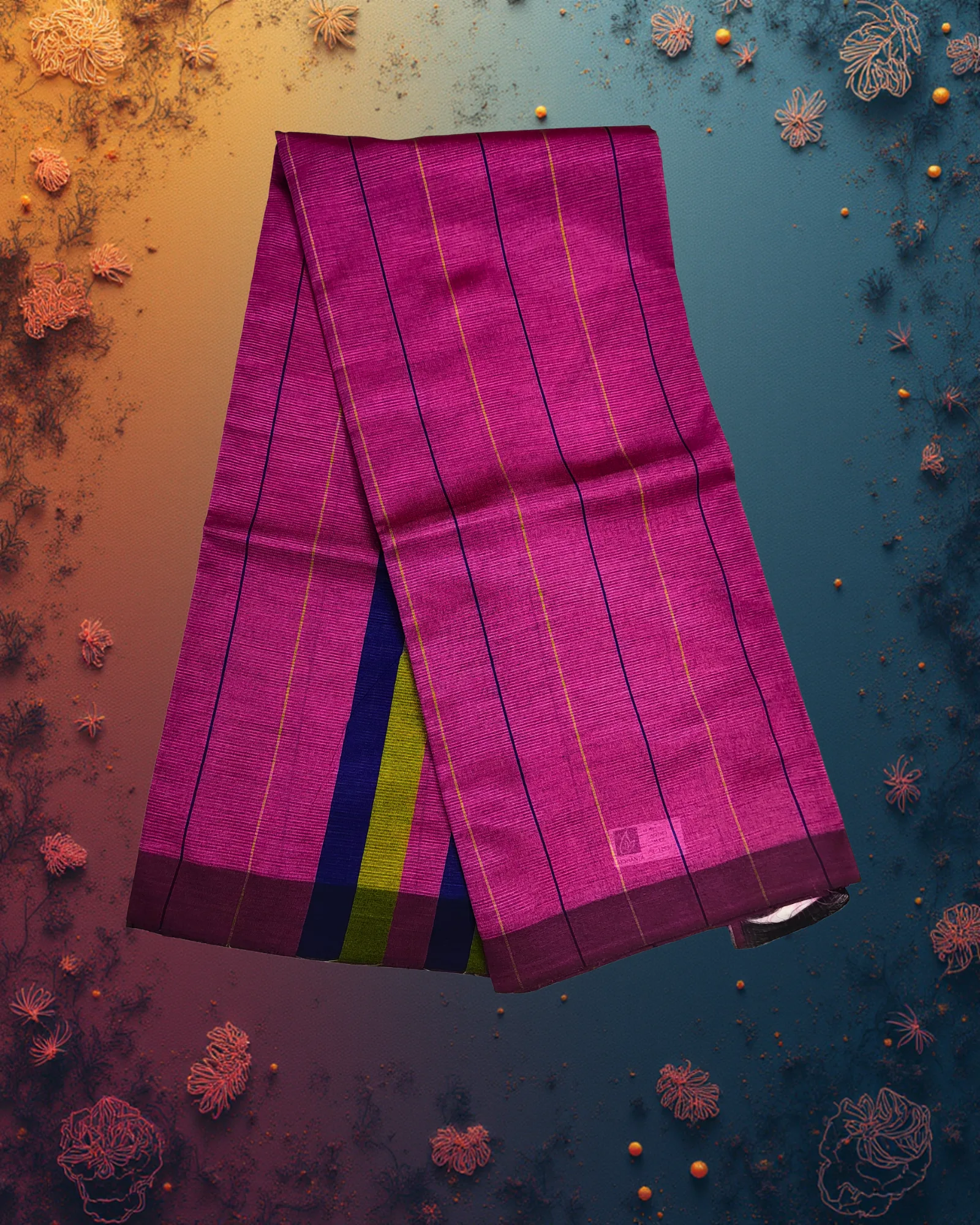 Art Silk Saree: Deep Magenta with Navy & Gold Vertical Stripes - Image 2