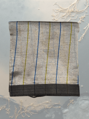 Art Silk Saree: Light Grey with Blue & Gold Vertical Stripes