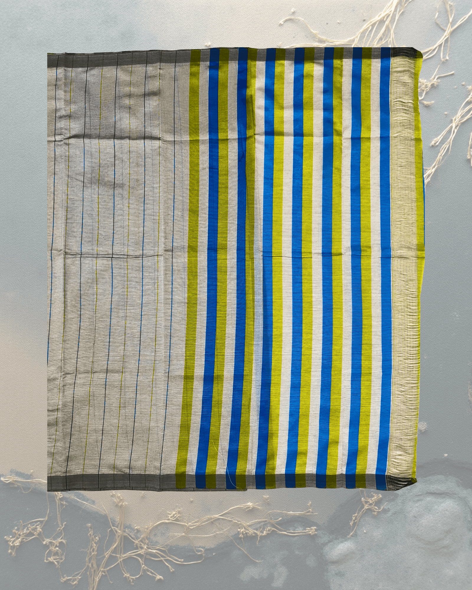 Art Silk Saree: Light Grey with Blue & Gold Vertical Stripes - Image 3