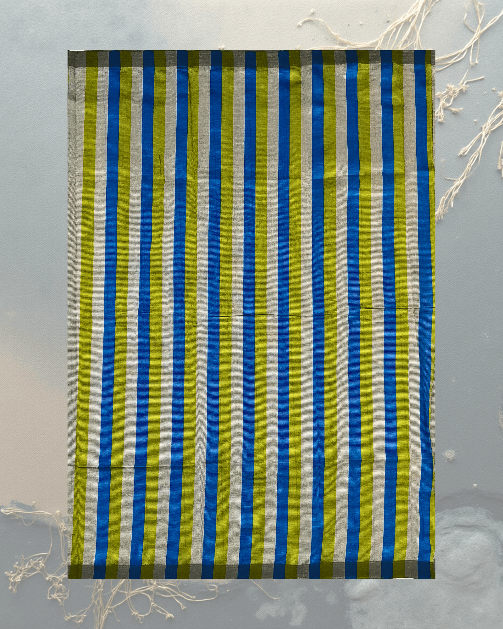 Art Silk Saree: Light Grey with Blue & Gold Vertical Stripes - Image 4