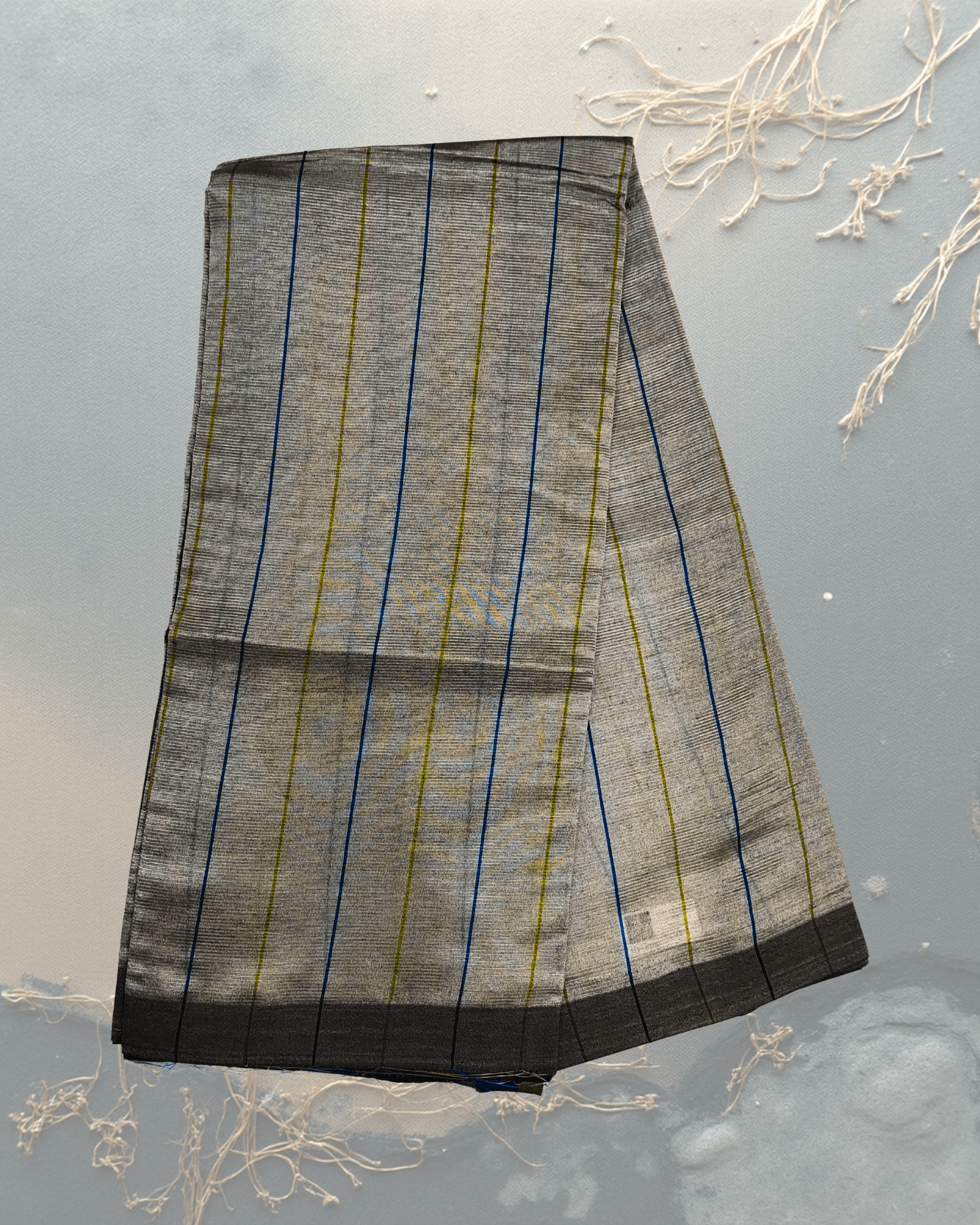 Art Silk Saree: Light Grey with Blue & Gold Vertical Stripes - Image 2