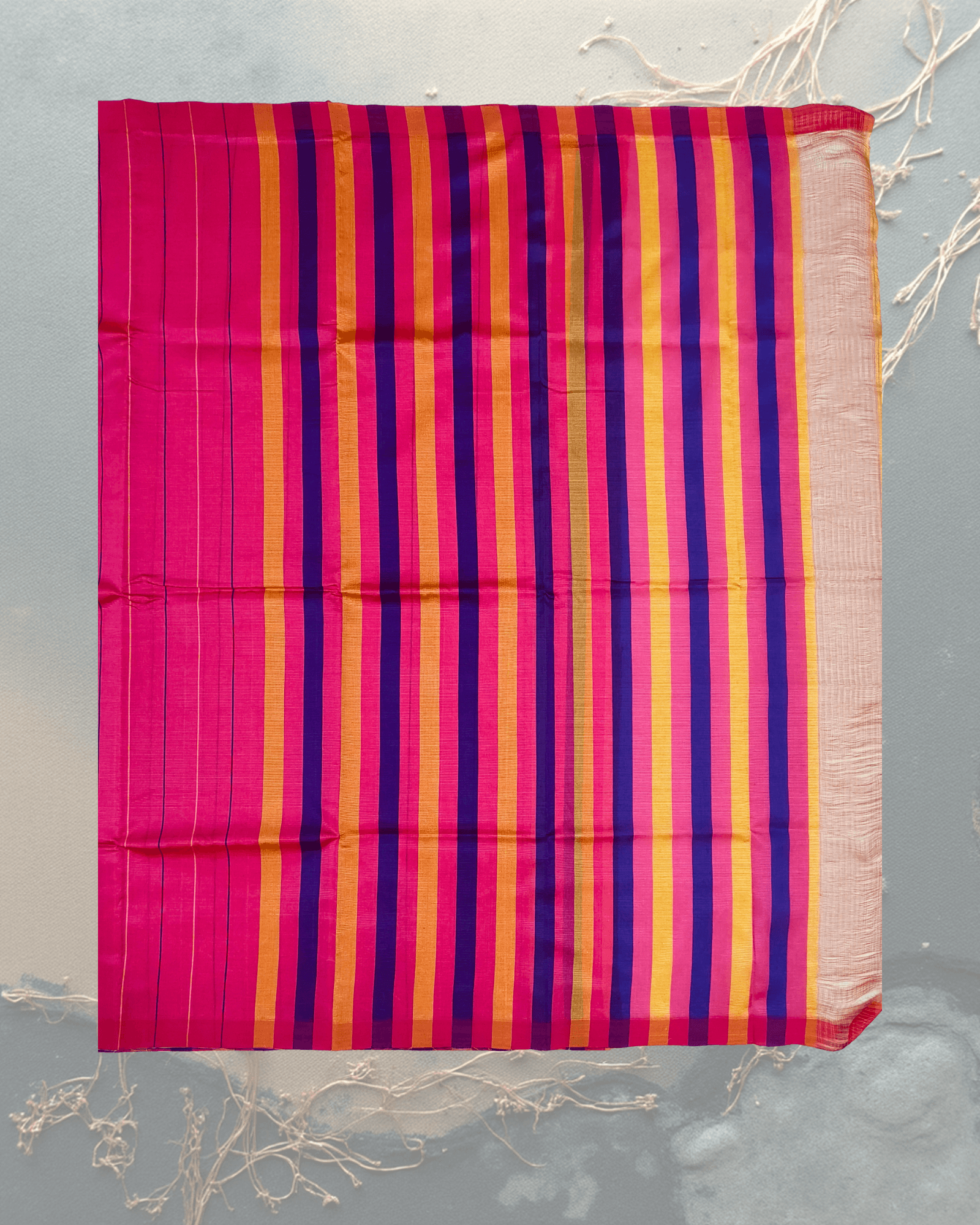 Art Silk Saree: Rani Pink with Vertical Stripes & Dark Brown Border - Image 4