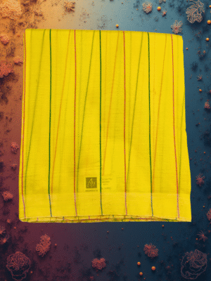 Art Silk Saree: Bright Lemon Yellow with Red & Green Vertical Stripes