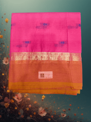 Pure Handloom Cotton Saree: Rani Pink with Blue Buttah & Golden Jari Border
