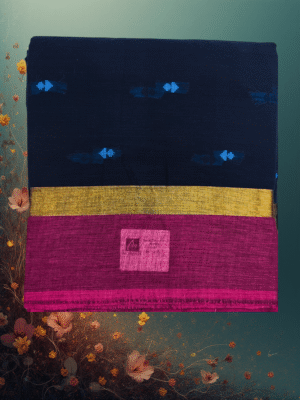 Pure Handloom Cotton Saree: Velvet Dark Blue with Sky Blue Buttah & Gold/Pink Border