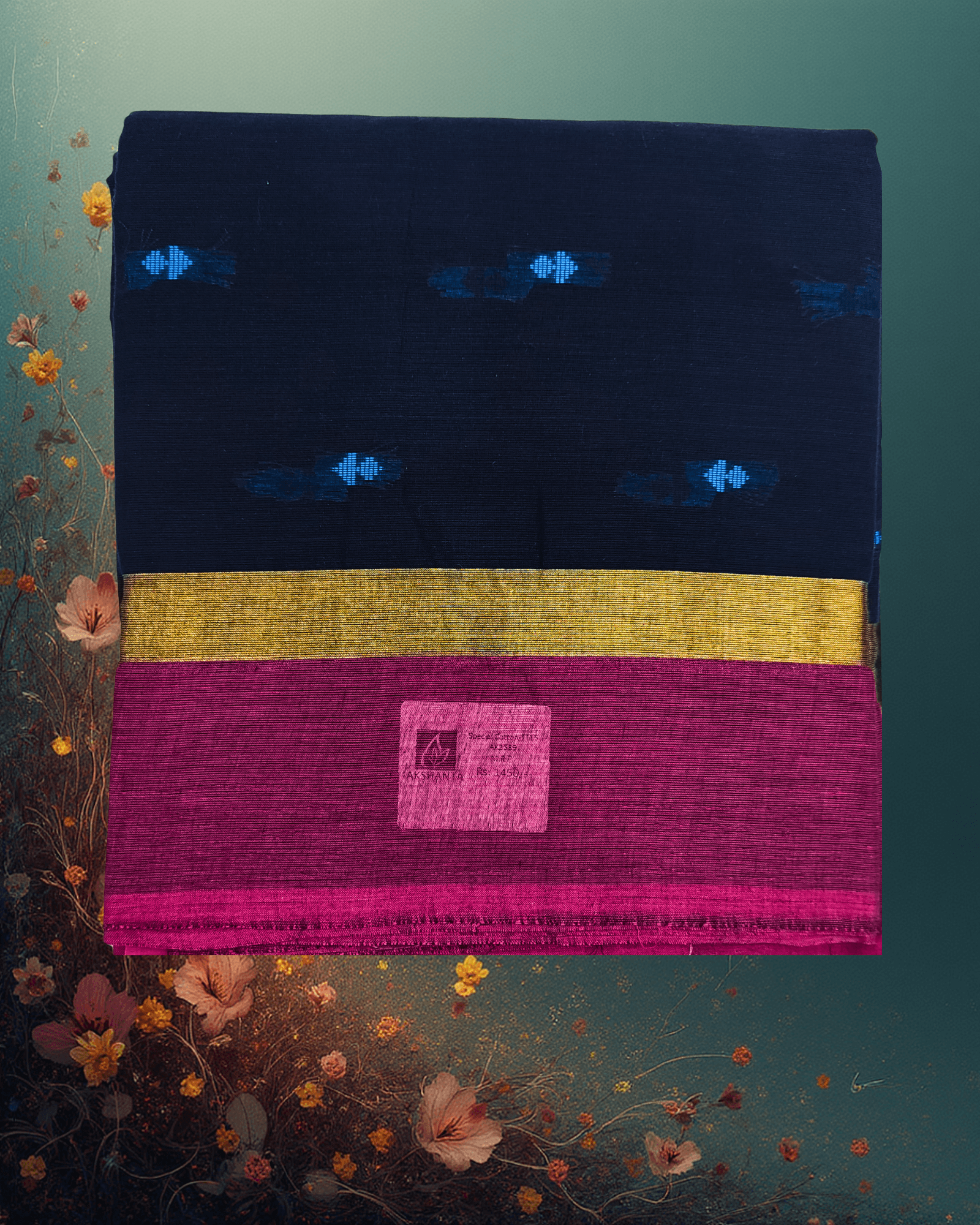 Pure Handloom Cotton Saree: Velvet Dark Blue with Sky Blue Buttah & Gold/Pink Border