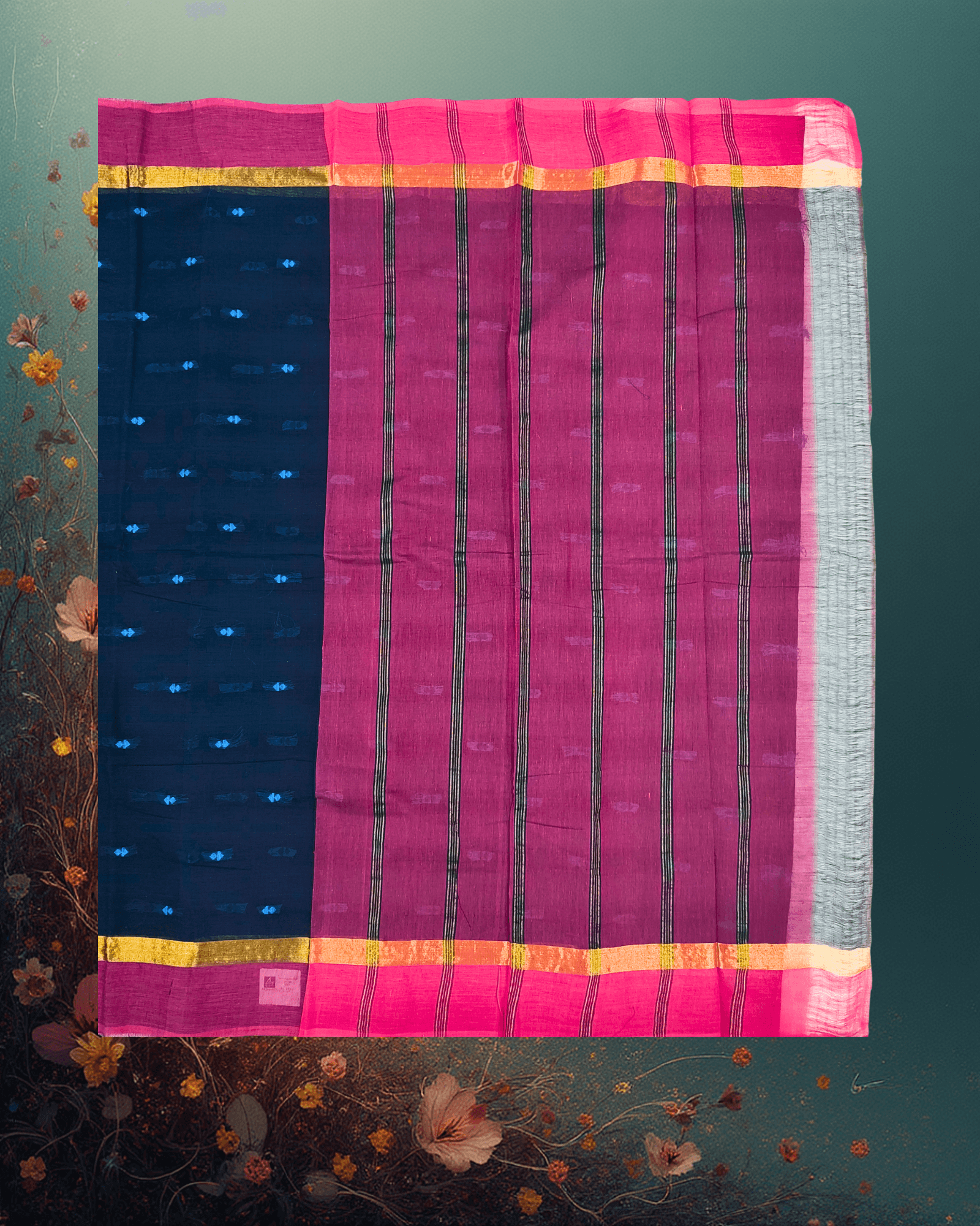 Pure Handloom Cotton Saree: Velvet Dark Blue with Sky Blue Buttah & Gold/Pink Border - Image 3