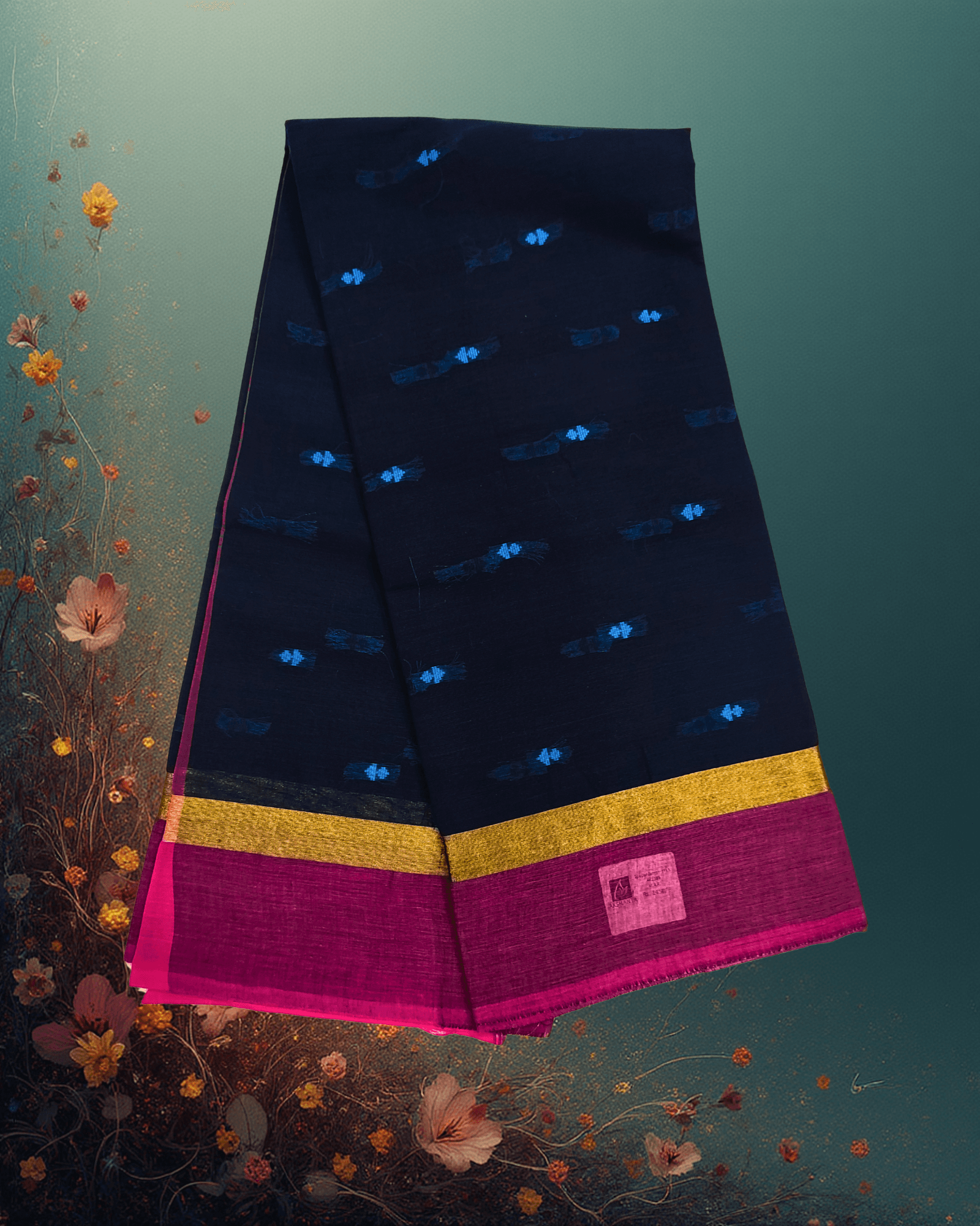 Pure Handloom Cotton Saree: Velvet Dark Blue with Sky Blue Buttah & Gold/Pink Border - Image 2