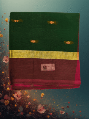 Pure Handloom Cotton Saree: Emerald Green with Golden Buttah & Maroon Border