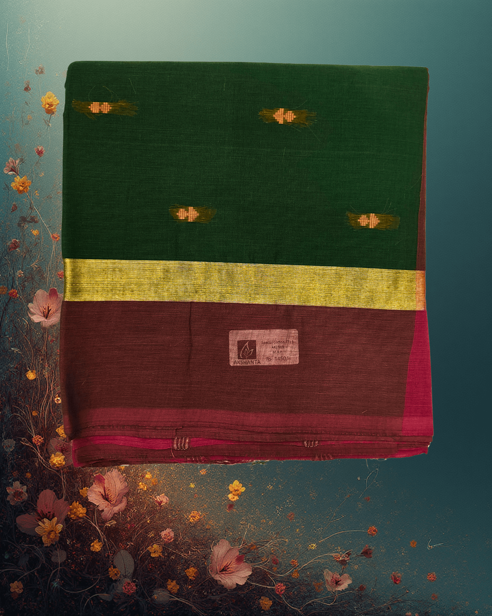 Pure Handloom Cotton Saree: Emerald Green with Golden Buttah & Maroon Border