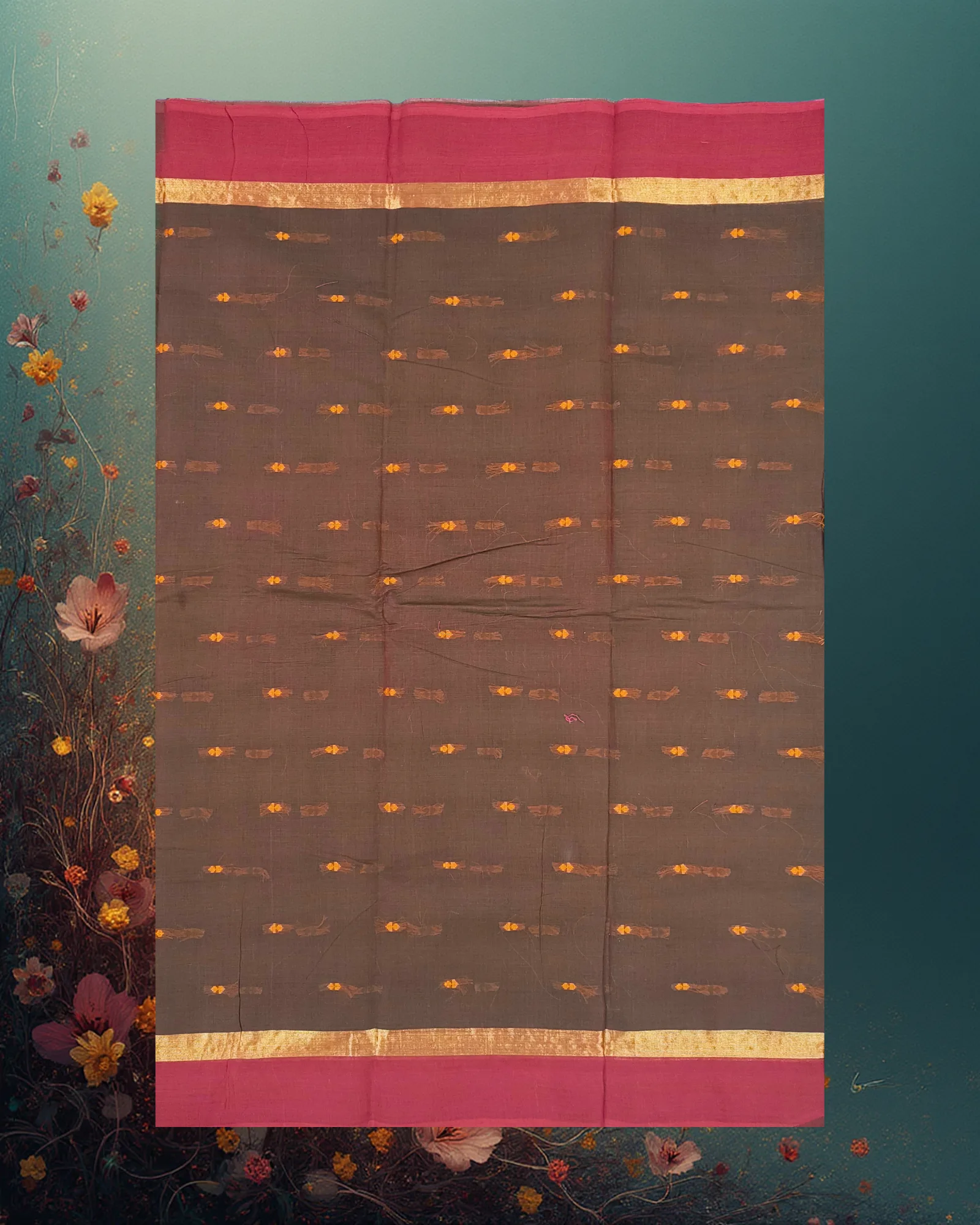 Pure Handloom Cotton Saree: Emerald Green with Golden Buttah & Maroon Border - Image 5