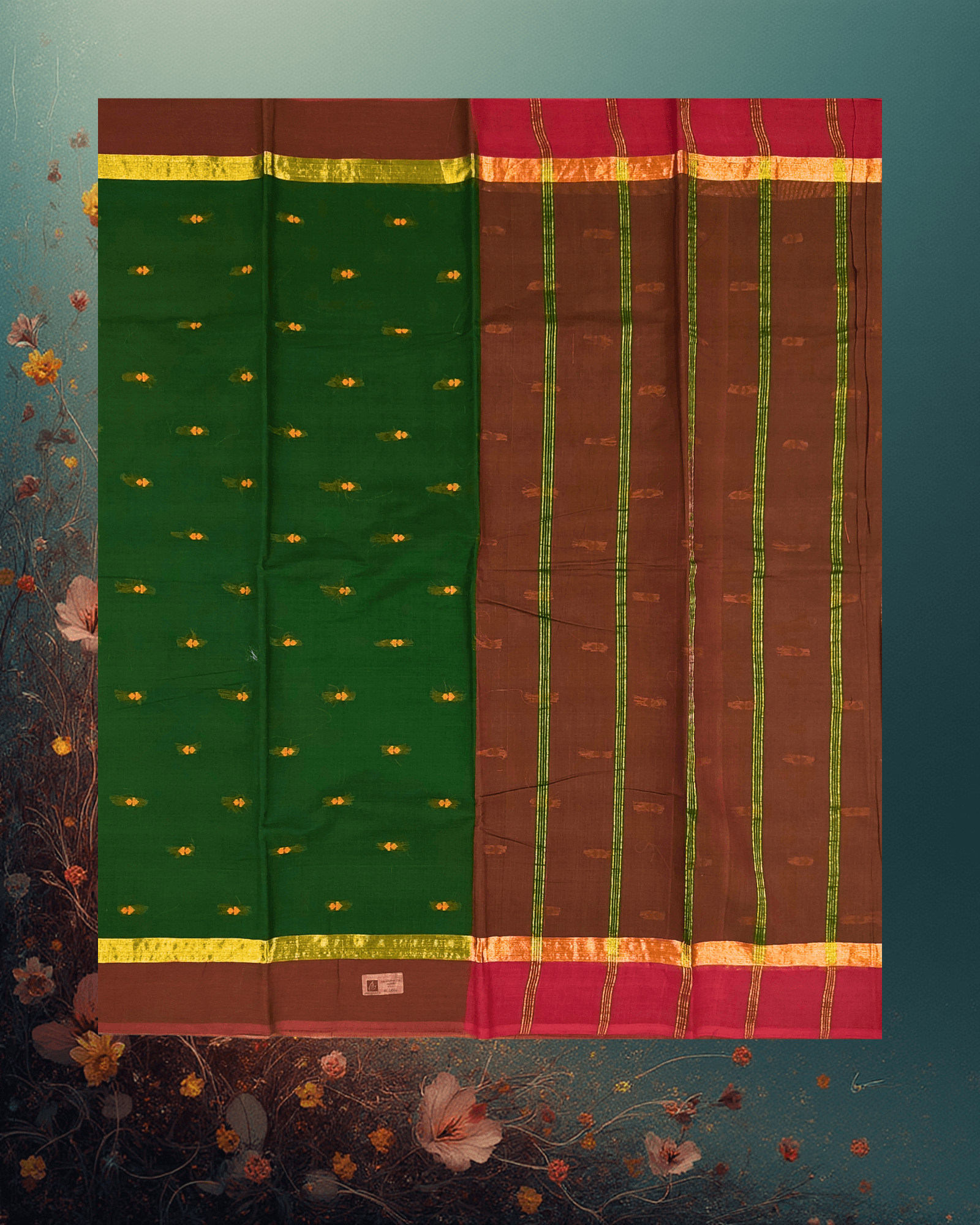 Pure Handloom Cotton Saree: Emerald Green with Golden Buttah & Maroon Border - Image 4