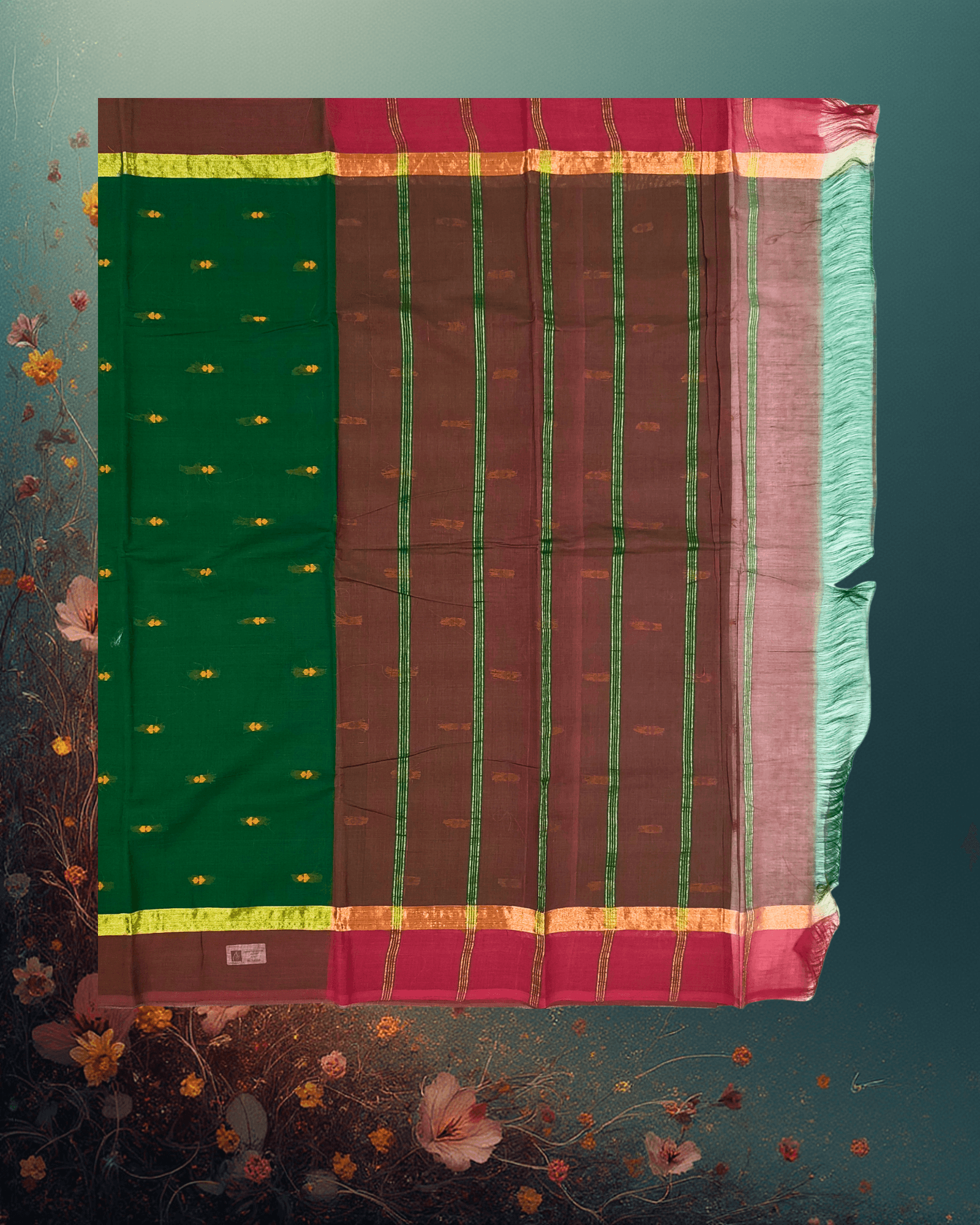 Pure Handloom Cotton Saree: Emerald Green with Golden Buttah & Maroon Border - Image 3