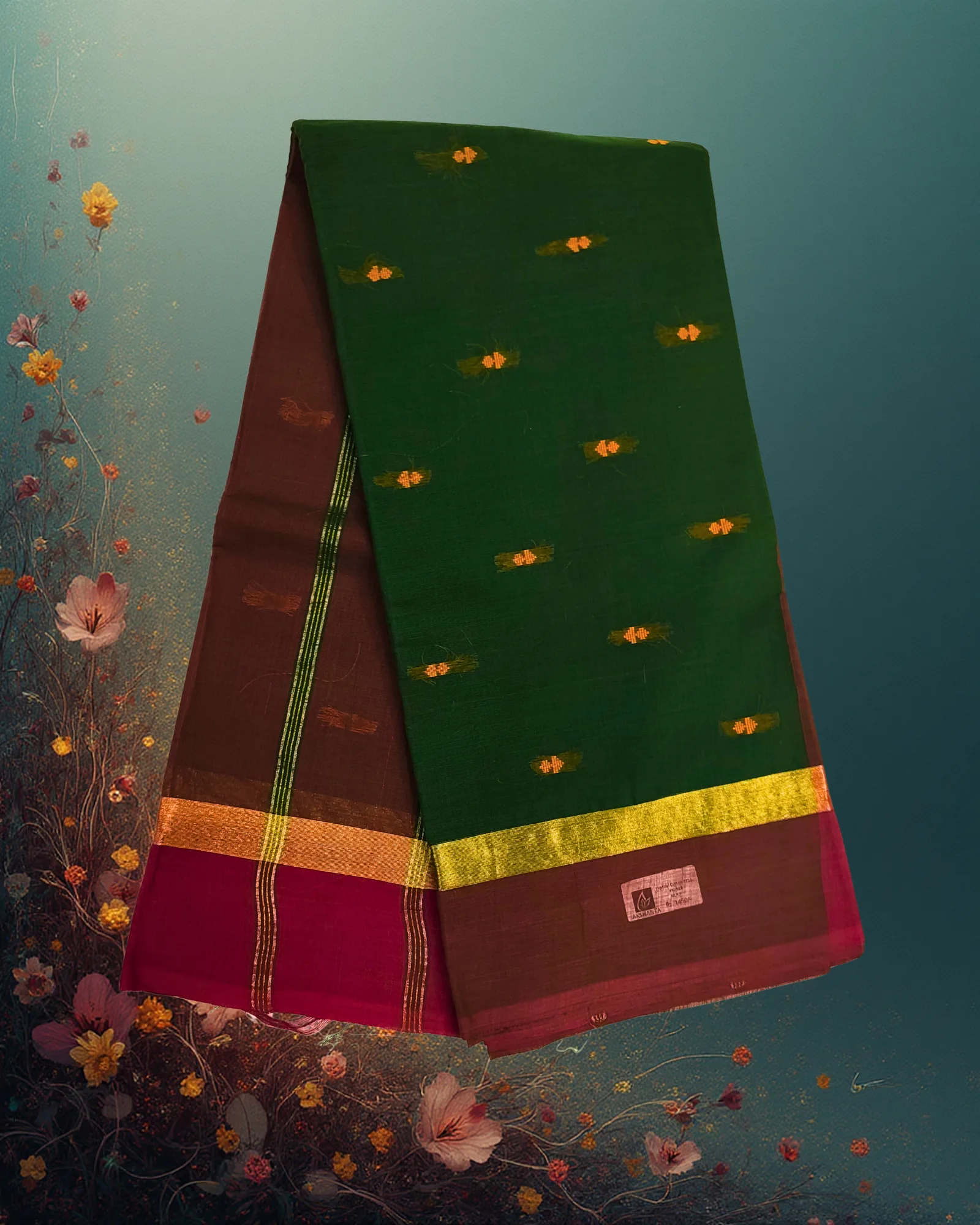 Pure Handloom Cotton Saree: Emerald Green with Golden Buttah & Maroon Border - Image 2