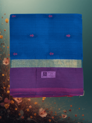 Pure Handloom Cotton Saree: Ocean Blue with Purple Buttah & Golden Jari Border