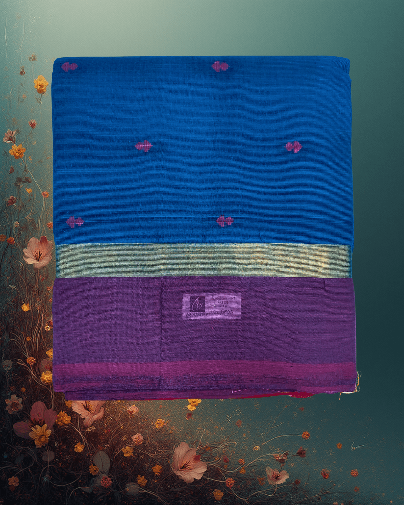 Pure Handloom Cotton Saree: Ocean Blue with Purple Buttah & Golden Jari Border