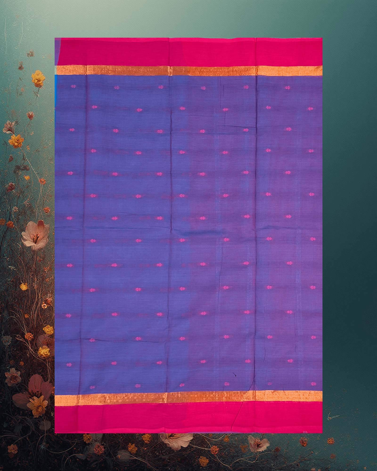 Pure Handloom Cotton Saree: Ocean Blue with Purple Buttah & Golden Jari Border - Image 4