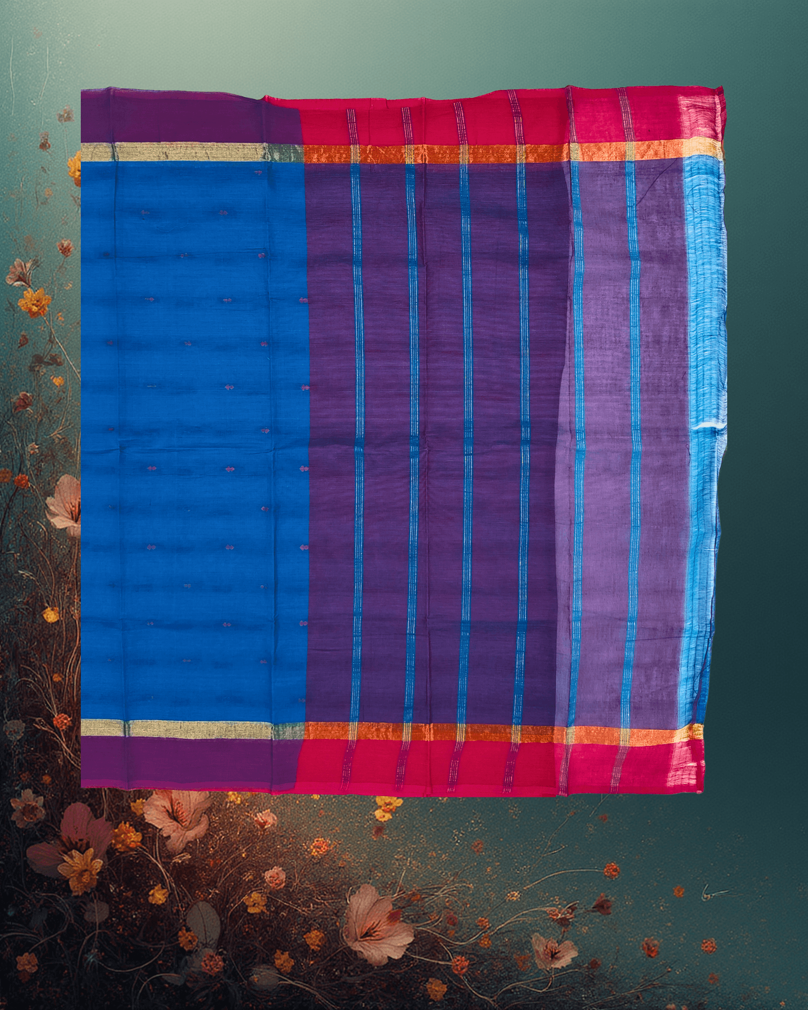 Pure Handloom Cotton Saree: Ocean Blue with Purple Buttah & Golden Jari Border - Image 5