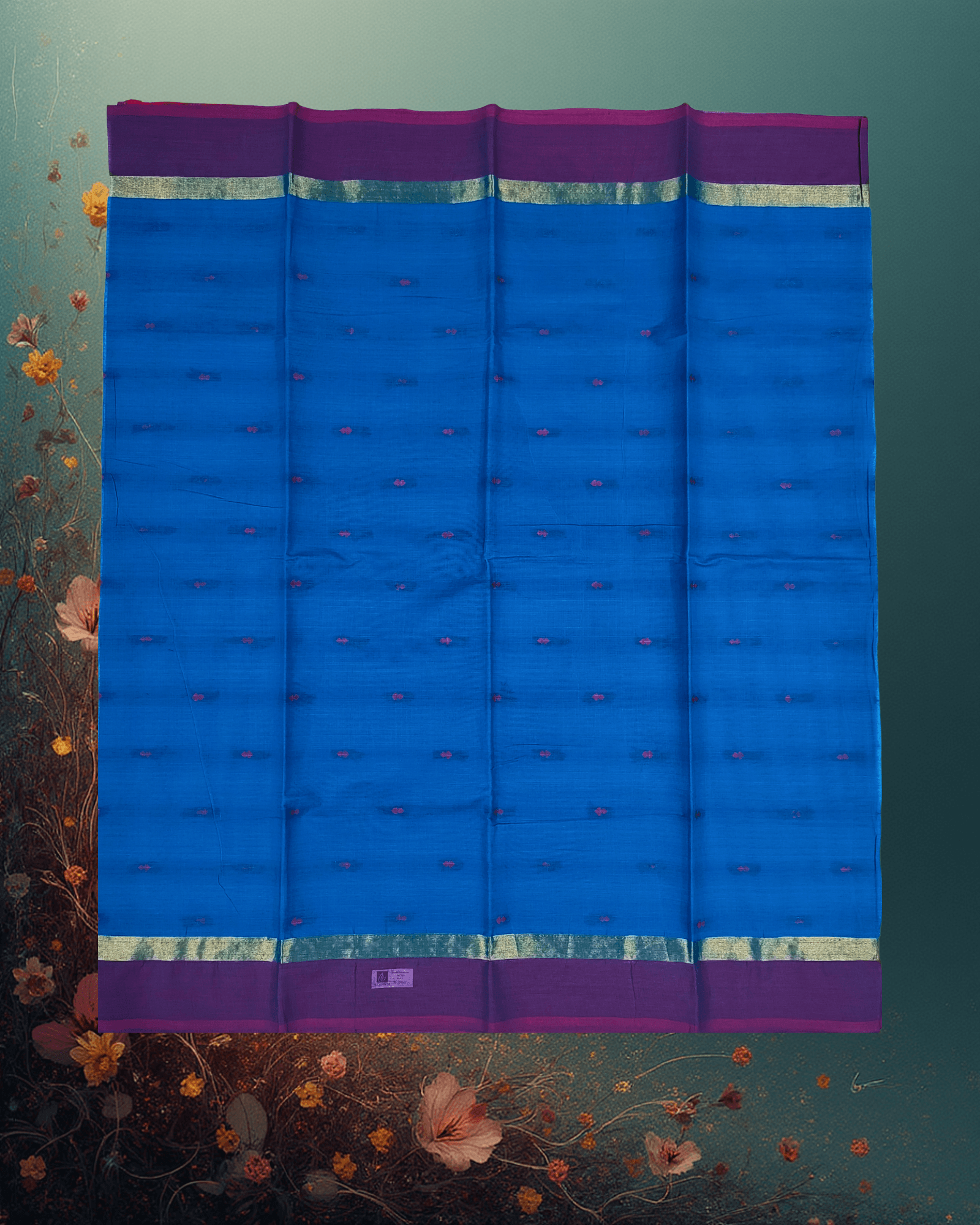 Pure Handloom Cotton Saree: Ocean Blue with Purple Buttah & Golden Jari Border - Image 3