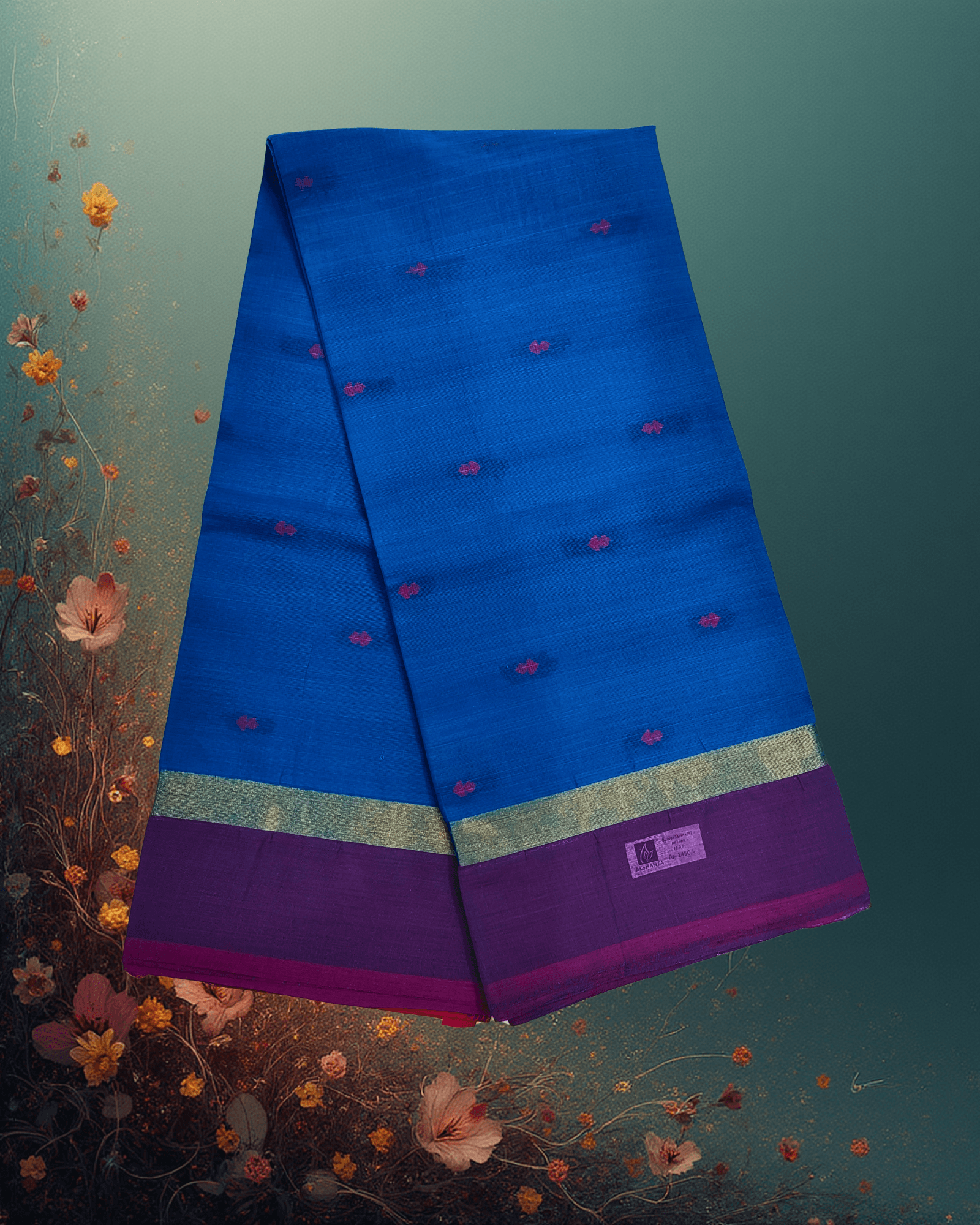 Pure Handloom Cotton Saree: Ocean Blue with Purple Buttah & Golden Jari Border - Image 2