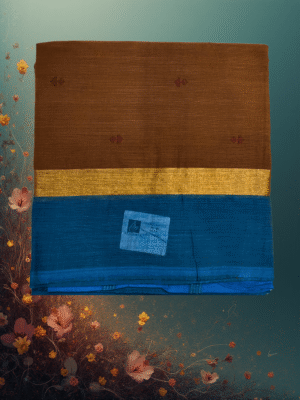 Pure Handloom Cotton Saree: Earthy Brown with Maroon Buttah & Sky Blue Border