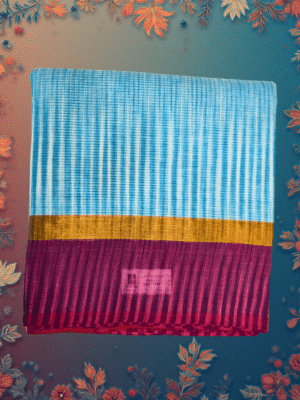 Handloom Cotton Saree ? Ice Blue Ikat?Effect Pallu with Blush?Pink Body, Fuchsia Border and Antique?Gold Edge.