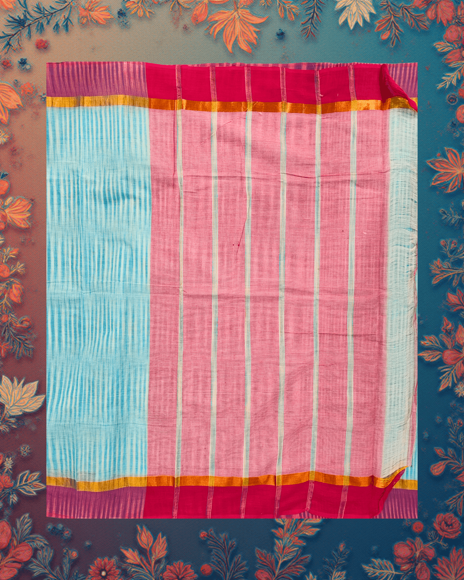 Handloom Cotton Saree ? Ice Blue Ikat?Effect Pallu with Blush?Pink Body, Fuchsia Border and Antique?Gold Edge. - Image 5