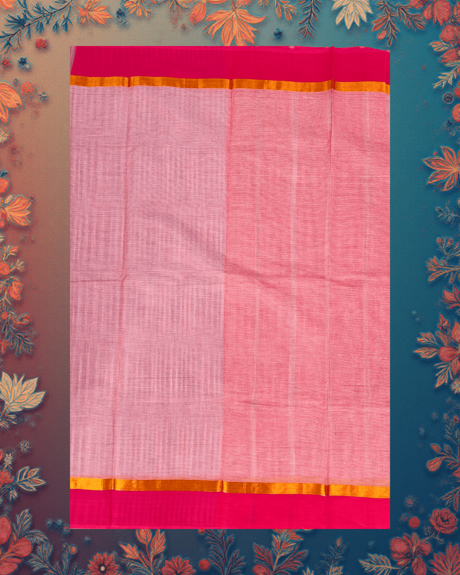 Handloom Cotton Saree ? Ice Blue Ikat?Effect Pallu with Blush?Pink Body, Fuchsia Border and Antique?Gold Edge. - Image 4