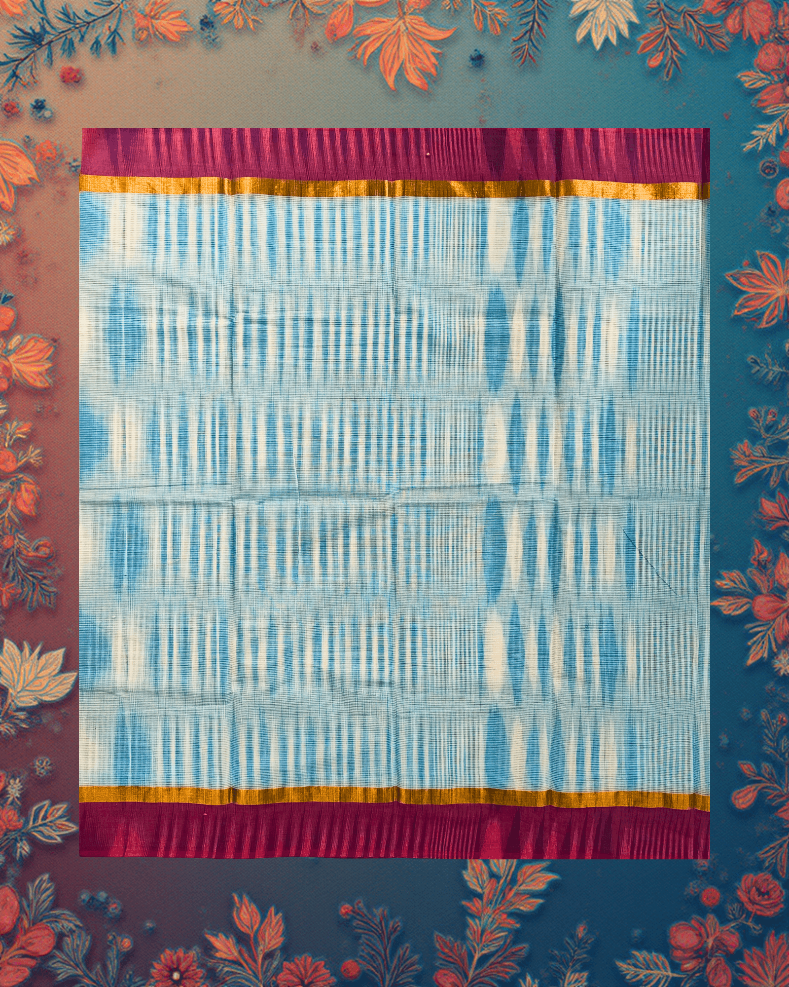 Handloom Cotton Saree ? Ice Blue Ikat?Effect Pallu with Blush?Pink Body, Fuchsia Border and Antique?Gold Edge. - Image 3