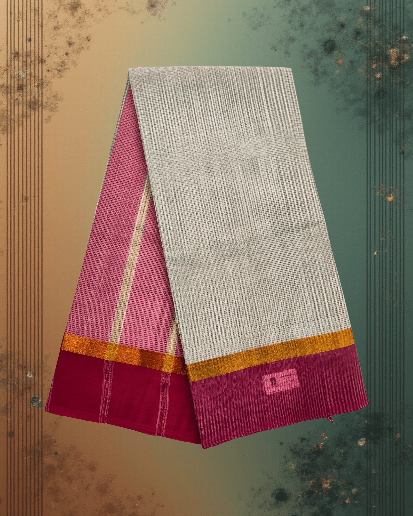 Pure Handloom Cotton Saree: Subtle Grey & White Stripes with Bold Magenta Border - Image 2